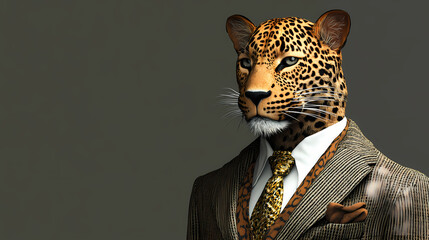 Wall Mural - Elegant leopard in suit posing with striking gaze. generative ai image. Hybrid Environments. Illustration