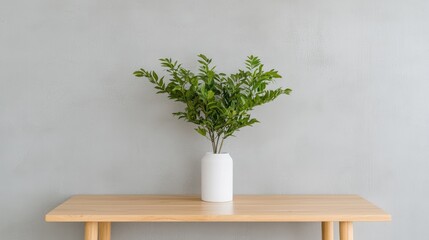 Canvas Print - Green plant in white vase on wooden table against gray wall; home decor