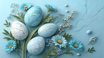 Wall Mural - happy easter concept flat lay composition,blue easter eggs painted marble texture,flowers on pastel blue background.photo, with empty space for text
