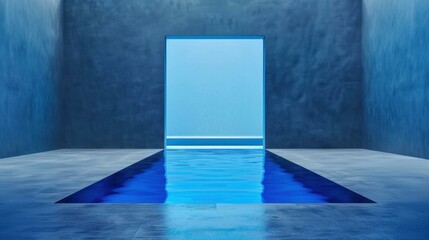 Wall Mural - a sleek, empty stage lit in blue, with a glossy floor, creating a striking contrast against a deep d