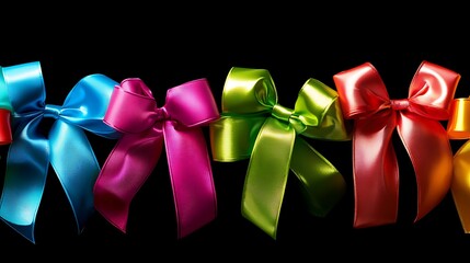 Wall Mural - Colorful satin ribbon bows on black background; holiday decoration; gift wrapping