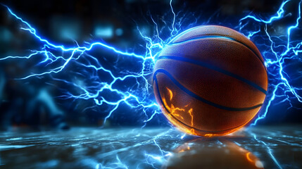 Wall Mural - a basketball glowing with blue lightning bolts, capturing the intensity and speed of the game