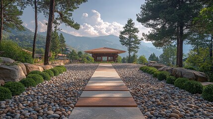 Wall Mural - Serene pathway leading to a traditional building amidst nature.