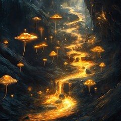 A river molten gold flowing through an enchanted canyon, lined with glowing mushrooms and floating energy orbs. 