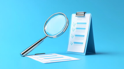 Wall Mural - Magnifying glass with a checklist on a blue isolated background for step-by-step career tips, close-up shot, 3d blender style, studio lighting. Glass & Crystal Structures. Illustration