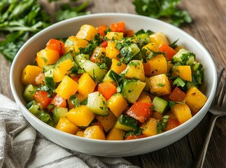 Wall Mural - Vibrant mango and cucumber salad in a white bowl, garnished with herbs on a wooden table.