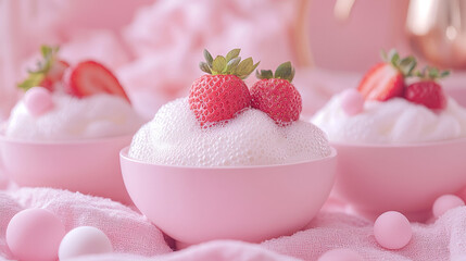 Wall Mural - Pink bowls filled with frothy dessert and garnished with fresh strawberries, set against a soft, pink backdrop.