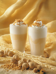 Wall Mural - Two layered milkshakes topped with whipped cream and crumbs, surrounded by wheat stalks on a golden cloth.