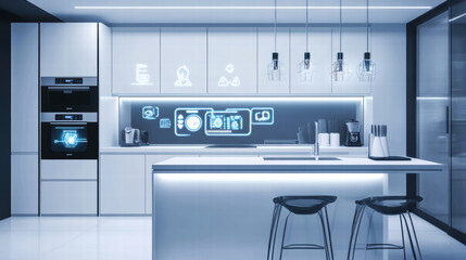 Wall Mural - modern kitchen featuring sleek technology, smart appliances, and minimalist design. space is illuminated with ambient lighting, showcasing futuristic aesthetic