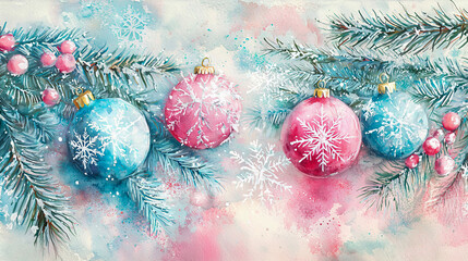 Wall Mural - Dreamy Watercolor Art of Christmas Decorations with Blue and Pink Ornaments and Snowflakes. Concept of Festive Holiday Spirit, Winter Celebration, Artistic Christmas Aesthetic