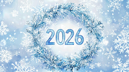 Wall Mural - A Luminous Watercolor Wreath of 2026 with Snowflakes. Concept of Holiday Magic, Winter Celebration, Festive Art