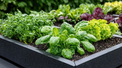 Wall Mural - Raised garden bed with leafy greens, backyard setting, sunlight