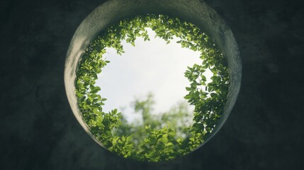 Wall Mural - Lush greenery viewed through a circular hole in a concrete wall, bright sky background