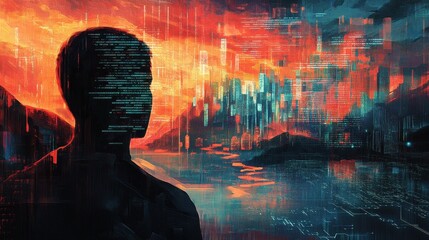 A digital landscape with human silhouette filled with code