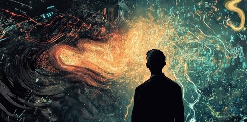 Wall Mural - a silhouetted figure stares into swirling patterns of light