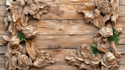 Wall Mural - Carved wooden roses frame, rustic texture background, design element