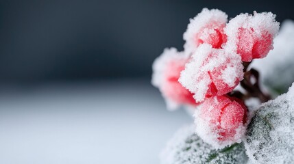 Wall Mural - Frozen berries on branch, winter scene, snowy background, nature photography