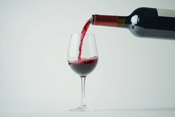 Bottle of red wine is poured into a wine glass