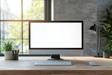 desktop computer with white blank screen on the wooden table
