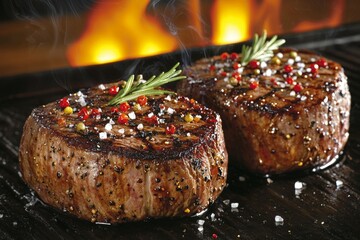 Wall Mural - Two pieces of meat are on a grill with pepper and rosemary on top