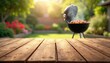 © Vadym - Empty wooden table outdoors. Blurred background of a BBQ grill cooking food in a garden. Outdoor cooking scene. Summertime. Ideal for bar-b-q lifestyle themes.