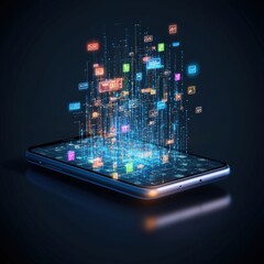 Wall Mural - a smartphone projecting a glowing 3d interface.
