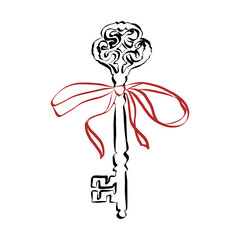 Poster - Coquette key with ribbon bow of hand drawn line art style. Simple crayon and sketch symbol for Valentine day and invitations templates. Doodle vector illustration