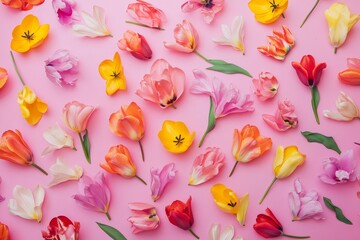 Wall Mural - A beautifully crafted bouquet of pink tulips against a pastel pink background makes for an enchanting flat lay, top view composition. Suitable for celebrating Valentine's Day, Easter, Birthdays,