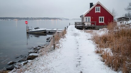 Wall Mural - Red cottage, snowy path, winter lake, boat, calm