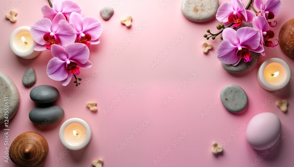 Pink spa background displays orchids candles, sea stones. Relaxation, wellness products create serene atmosphere. Top view offers plenty of copy space. Ideal for beauty spa products. Aesthetic evokes