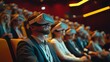 © GreenOptix - Immersive VR experience at a business conference, focus on a keynote speaker in a suit and VR headset interacting with a virtual environment