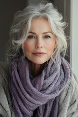 Wall Mural - Elegant woman with silver hair wrapped in a cozy scarf indoors during daylight