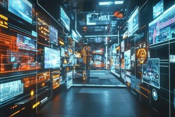 Wall Mural - Futuristic digital data tunnel with glowing screens and cyber interface.