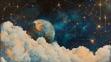 Wall Mural - Ethereal depiction of Earth and star constellations painted against the night sky, framed by clouds