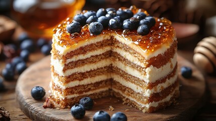 Wall Mural - A layered cake topped with blueberries and honey, showcasing a delicious dessert.