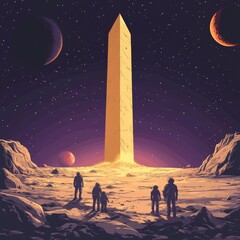 Astronauts explore a colossal, glowing obelisk on an alien planet under a night sky filled with celestial bodies.