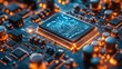 © mlangsen - Close-up glowing CPU on circuit board. Tech background