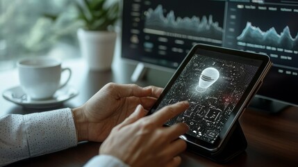 Wall Mural - digital assets concept. a person interacting with data on a tablet beside a coffee cup and plant in 
