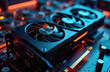 © Vadym - High-performance graphics card for gaming, crypto mining. Close-up view shows detailed cooling fans, circuit board. Modern tech design with sleek dark casing. Ideal setup for enthusiasts. Advanced