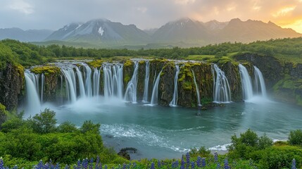 Wall Mural - Stunning Waterfall Landscape with Cascading Water, Lush Greenery, and Majestic Mountains at Sunrise; A Perfect Nature Scene for Travel and Adventure Enthusiasts