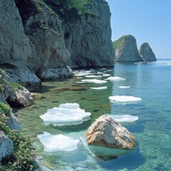 Poster - Stunning Coastal Cliff Landscape with Floating Icebergs in Clear Blue Water under a Bright Sky, Perfect for Nature, Travel, Photography, Adventure, Scenery Enthusiasts