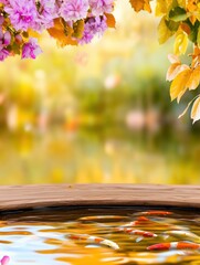 Wall Mural - Tranquil pond surrounded by blooming flowers and autumn leaves, peaceful nature scene concept