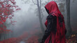 © Thiago - Futuristic red riding hood with cybernetic enhancements standing dramatically in foggy autumn forest. Fairy Tale Reimagining. Illustration