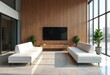 © Vadym - Modern office lobby features spacious layout with two comfortable white sofas. Wooden wall panels provide warm ambiance. Large flat-screen TV mounted on wall. Natural light streams into room from