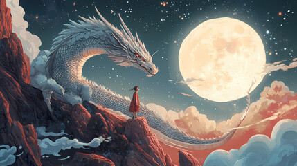 Wall Mural - Vintage fantasy dragon reimagined in a sleek, modern aesthetic. Fairy Tale Reimagining. Illustration