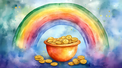 Wall Mural - Watercolor painting of a rainbow over a pot of gold coins - a classic tale reimagined. Fairy Tale Reimagining. Illustration