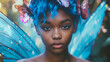 © Thiago - A young black woman with blue hair and fairy wings looks directly at the camera. Fairy Tale Reimagining. Illustration