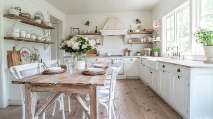 Wall Mural - Farmhouse kitchen, rustic table, floral arrangement, bright windows, home design