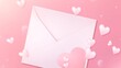 © PHOTOS  STORY - Envelope with blank white paper note inside, surrounded by Valentine hearts on a soft pink background. Romantic love letter concept for Valentine's or Mother's Day.