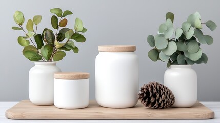 Canvas Print - White ceramic jars, eucalyptus, pine cone on wood board. Home decor, minimalist style